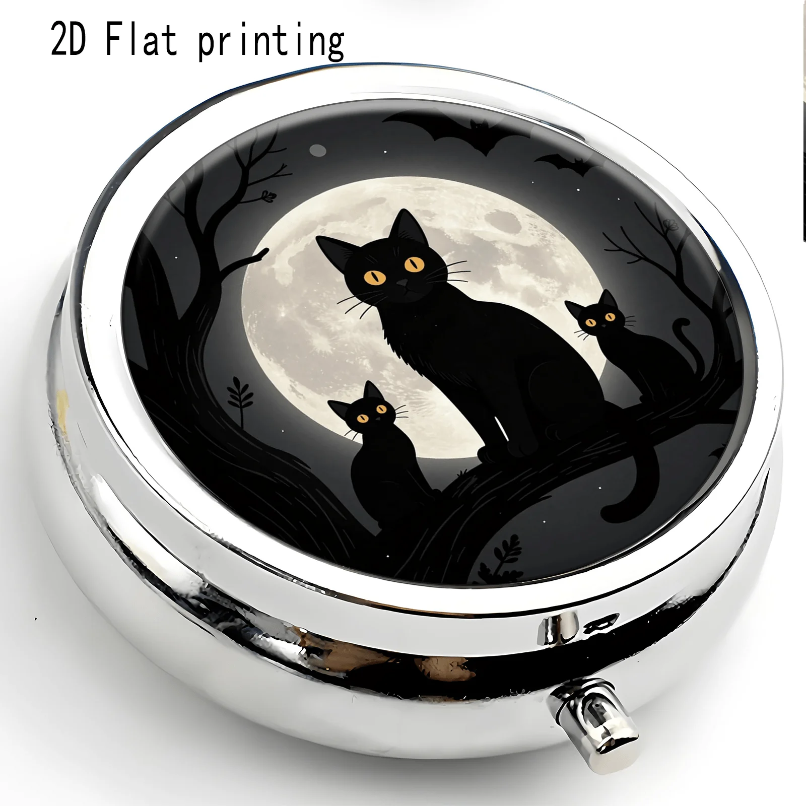 Black Cat, Dead Tree, Bat, Moon Night Pattern, Round Three-Compartment Small Pill Box, Portable Medicine Storage, Small Jewelry Storage, Suitable for Handbags or Travel, Holiday Gifts, Souvenirs, Prizes, Small Gifts, Suitable for Personal Use or as an Exquisite Gift Option