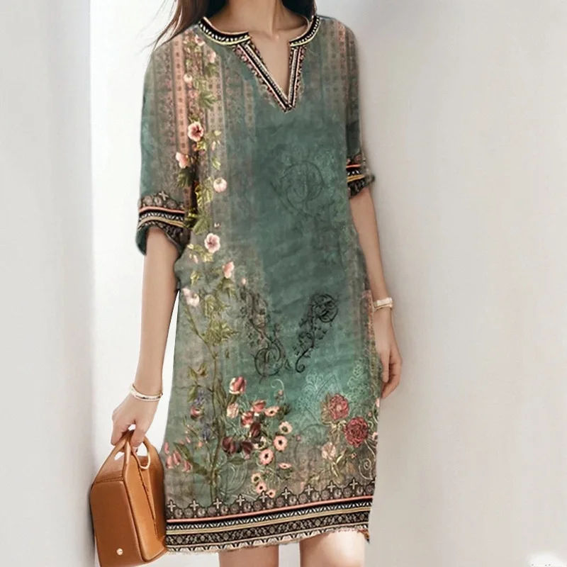

TOY-2025Spring Women's Fashion New Elegant Fashion Loose PrintVCollar Dress