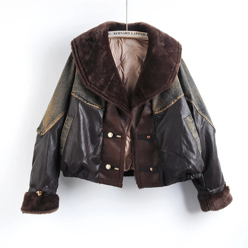 Winter New Faux Pu Leather Patchwork Jeans Jacket Coat Coffee Color Black Women Thick Warm Fur Collar Down Liner Denim Jacket