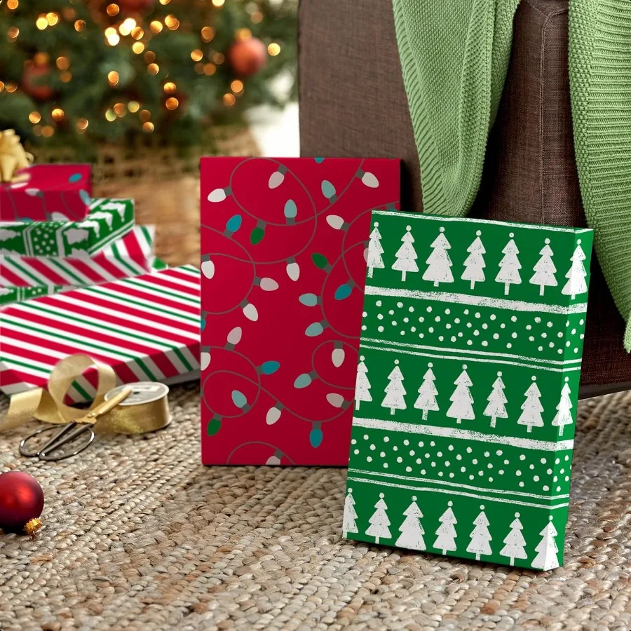 Mittlere Weihnachtsgeschenkboxen mit Deckel, 12 Hemdboxen, 3 Designs: Lichterbäume, rote und grüne Streifen für den Weihnachtsfeiertag