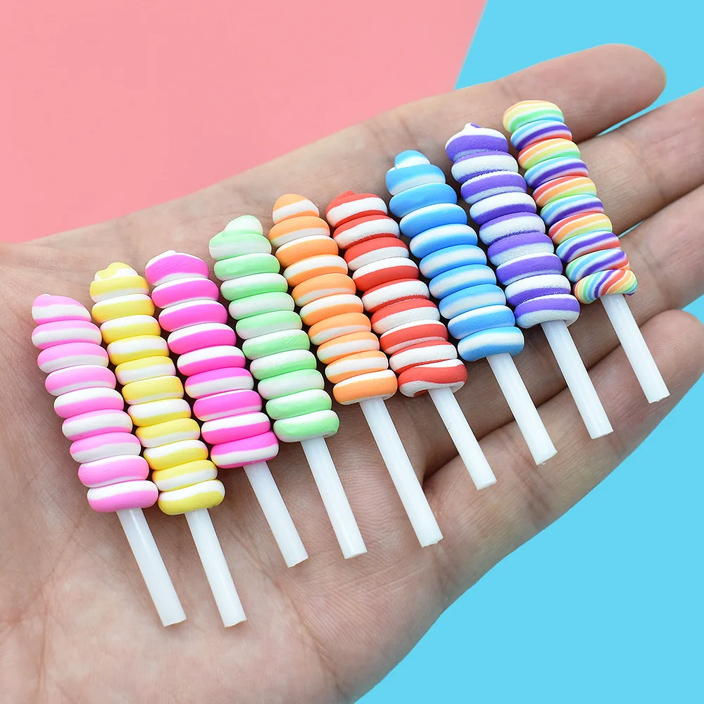 

100PCS Hot Kawaii Miniature Clay Swirl Round Rainbow Lollipop Candy For Crafts Making Scrapbooking DIY