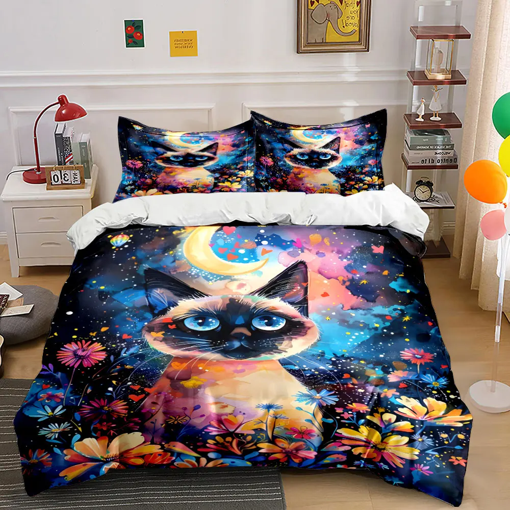 

Dreamy blue-eyed cat with flowers Pattern Duvet Cover Set Digital Print Colorful Polyester Bedding with Zipper Closur for gifts