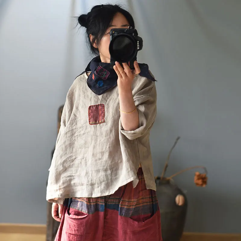 

Новое поступление, осень 2021, винтажный стиль, однотонные свободные женские топы с круглым вырезом, футболки M181, женские повседневные футболки из хлопка и льна