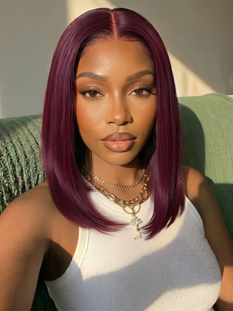 Lekker Red 100% Human Hair Wigs Short Pixie Cut Straight Bob Middle Part Lace Front For Women Brazilian Remy Hair Glueless Wigs