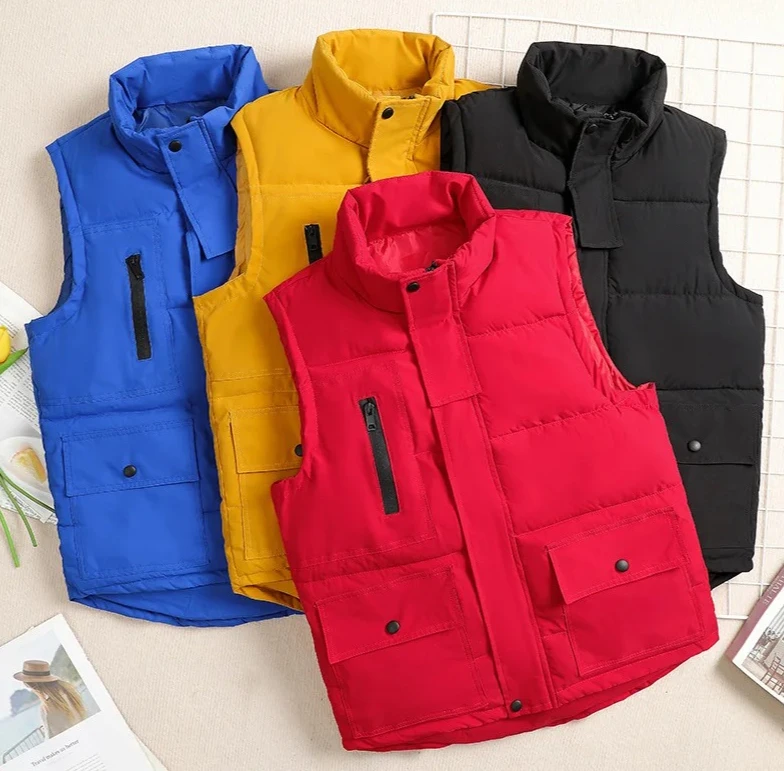 

2025 Winter LooseWomenVest Stand Collar Sleeveless Parks Vests Zipper Spliced Patchwork Pockets Outerwear Casual