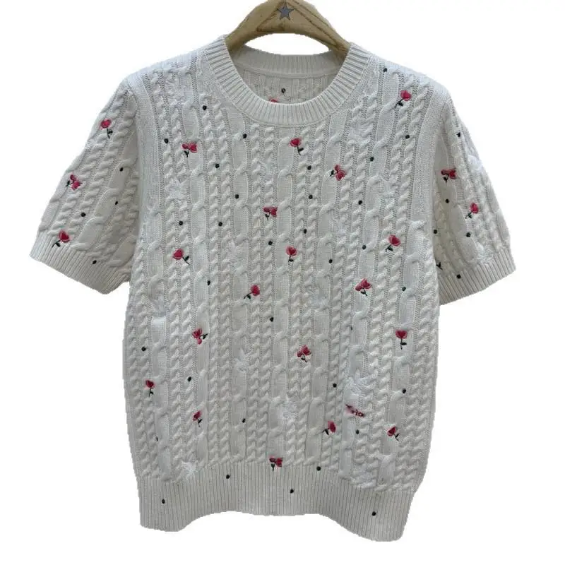 Sweet Floral Knitted Short Sleeve round Neck Girl's Top AT88922 Embroidered Pre-Spring New Style Soft Polyester Casual Wear