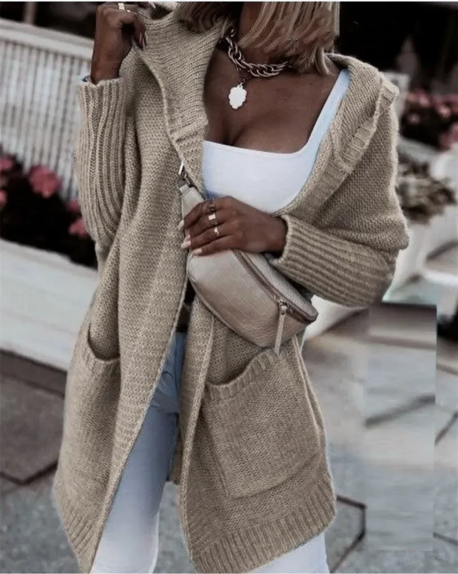 

Spring Autumn Winter Jumper Outerwear Sweaters Y2k Sweater Coat Jacket Vintage Long Knitted Cardigan Women Pockets 2025 Hooded