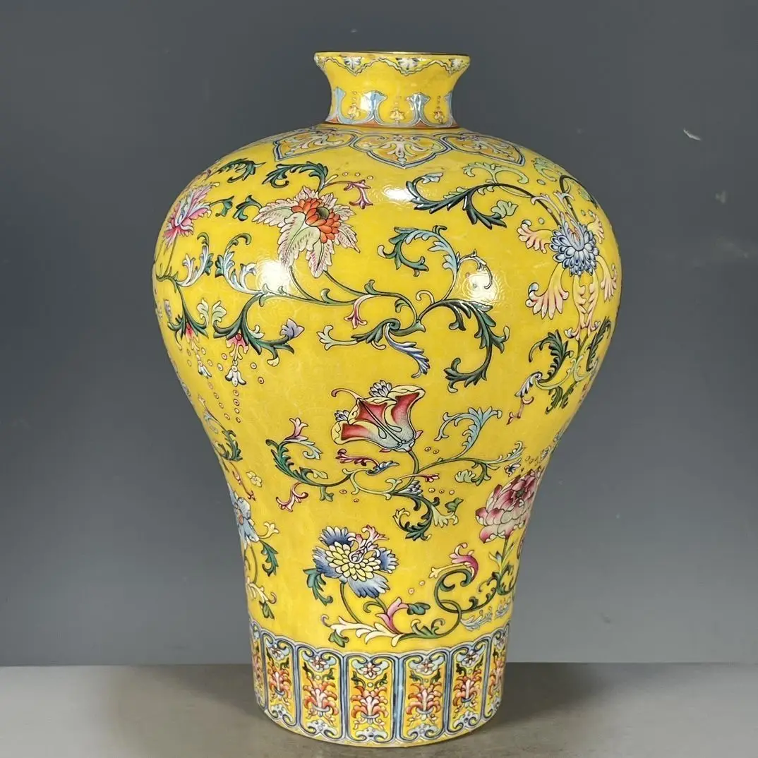 

Chinese Cultural Play Meiping Vase Yellow Glaze Enamel Flower Decor Vintage Porcelain Display Ornament