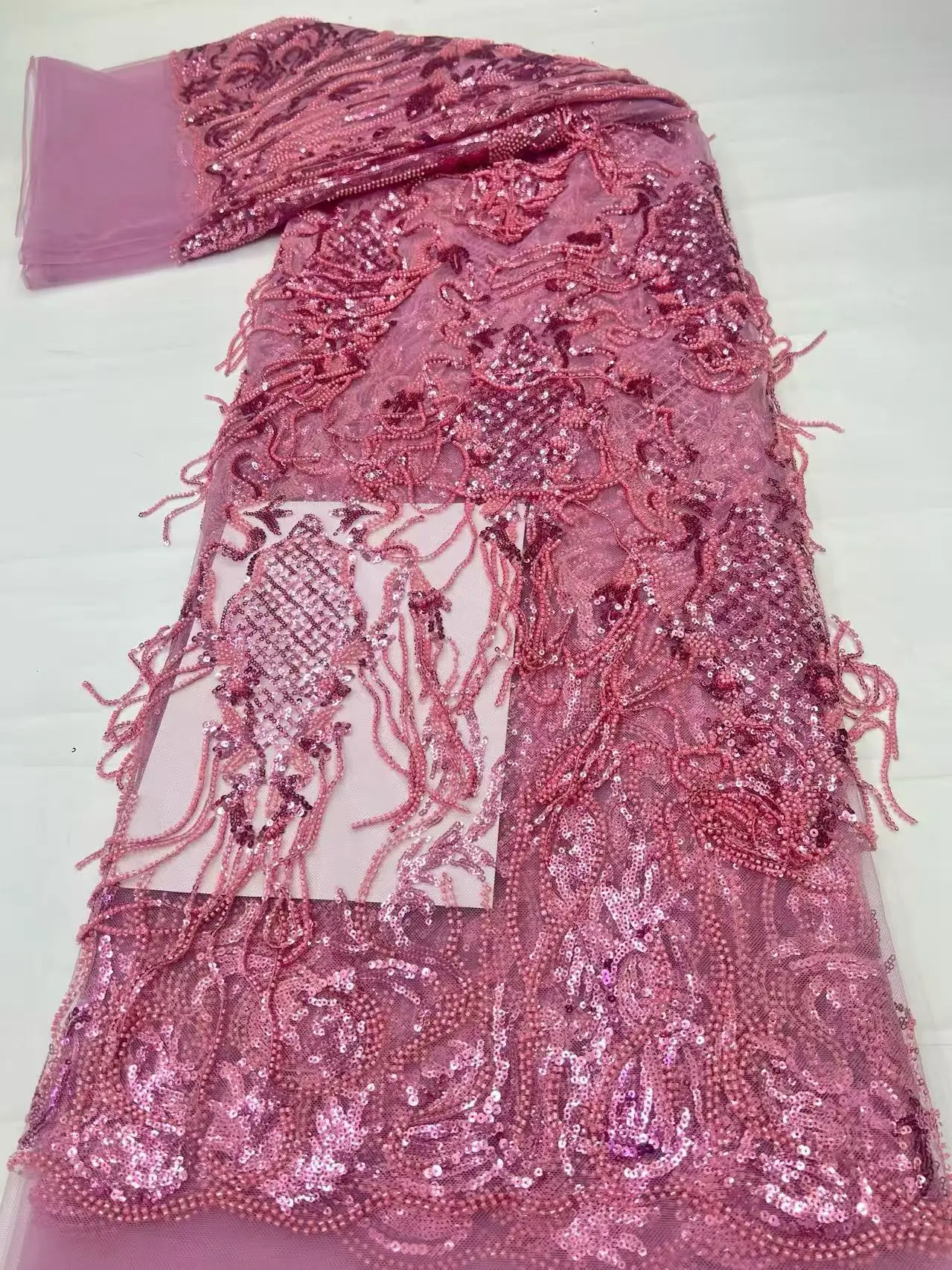

African Beaded Lace Fabric French Bridal Sequin Tulle 2026 Fashion Nigerian Style Party Dress Sewing Material Hot Sale