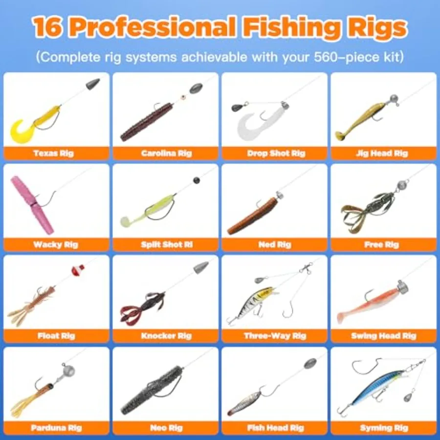 560-teiliges Angelgerät-Box-Set mit Ködern, Zangen, Haken, Zubehör, 4-lagige wasserdichte Aufbewahrungsbox, komplettes Angelausrüstungsset für F