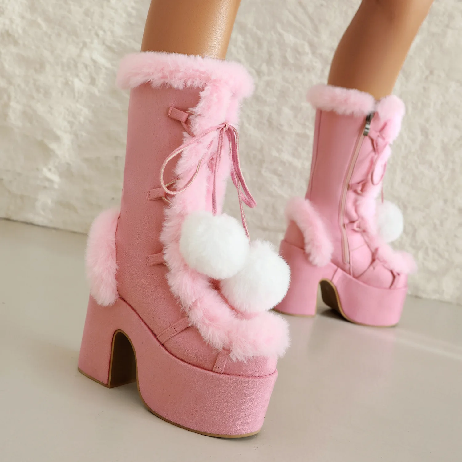 Gothic Platform Boots Mid Calf Fuzzy Bratz Shoes Vigilance Chunky Lolita White Snow Plush Gothic Boats Y2K Doll Shoes For Women