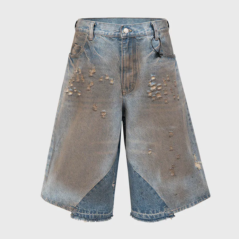 

Vintage Rpped Pachwork Jeans Sort Men Sreetwear Washed Loose Denim Shorts For Male