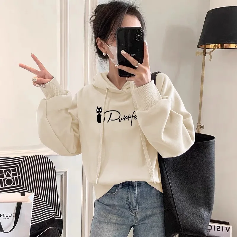 Hoodies ผู้หญิงเกาหลีสไตล์หลวมพิมพ์ Letter Plus กํามะหยี่หนาฤดูใบไม้ร่วงฤดูหนาวหญิงแฟชั่น Leisure All-Match