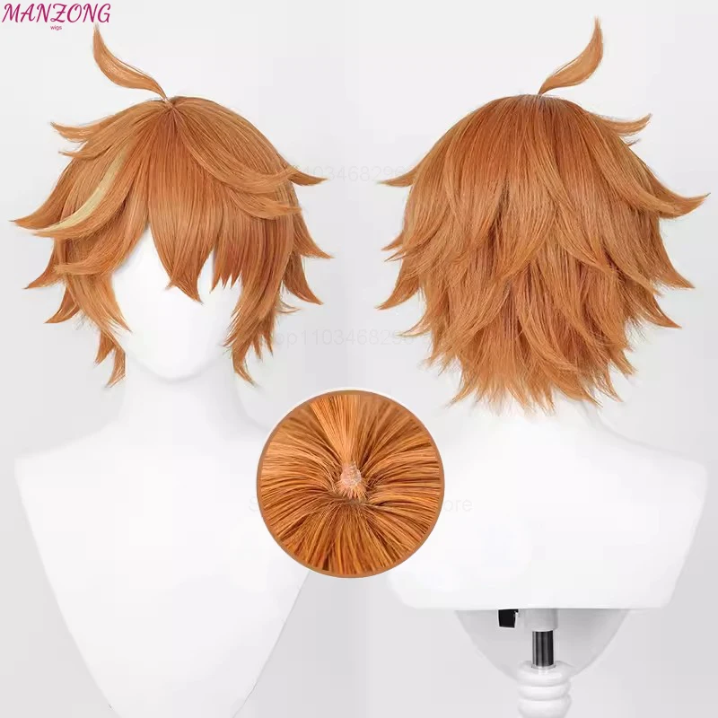 Wig Cosplay Tartaglia, Wig sintetis tahan panas rambut pendek oranye coklat 30cm, pesta Halloween