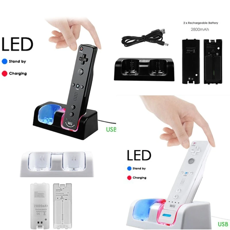 2 Ports Charging Station with 2 Rechargeable 2800 mAh Battery Pack for Wii Remote Controller 896C