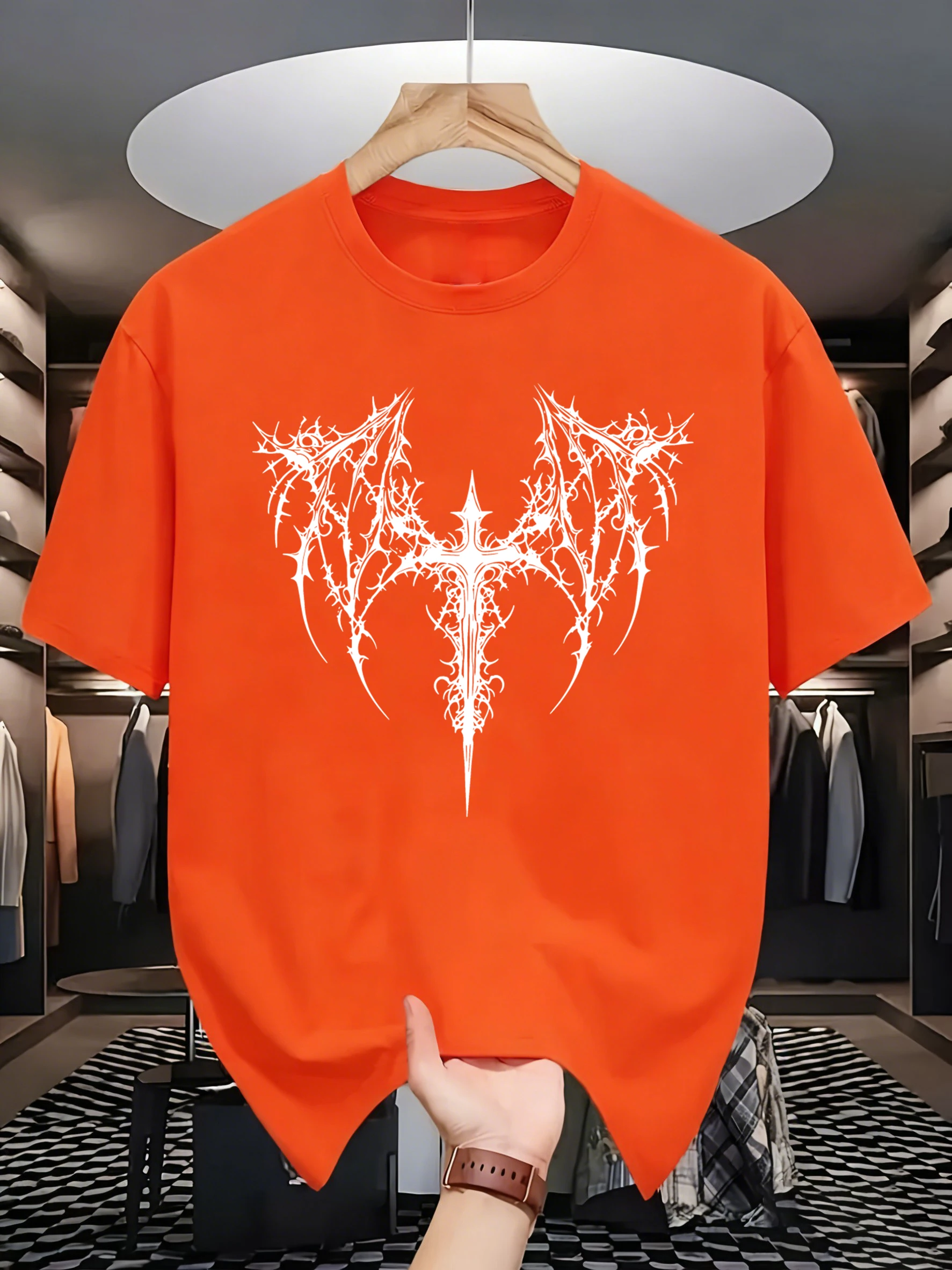 Thorn Cross Bat Wings Print Youth Hip Hop Short Sleeve All-Match Men T-Shirts Comfy Cotton Clothing O-Neck Loose Streetwear