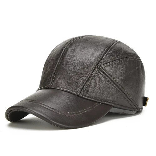 Imagen 2 del producto Gran oferta, gorra informal de cuero auténtico con orejeras, gorras de cuero de vaca auténtico para hombre, gorras de béisbol de cuero de vaca auténtico para Otoño e Invierno
