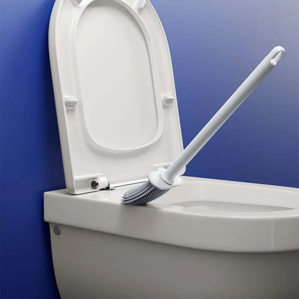 Scopino per WC in silicone a setole morbide a testa piatta con base, senza morto, flessibile, per pulire il bagno, accessori per la pulizia del bagno