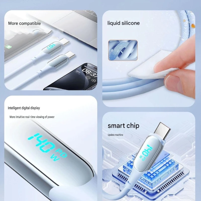 Two Type C Data Cable With Intelligent Digital Power Display 140W Power Delivery Fast Charging For Notebook Phone 15 K1KF