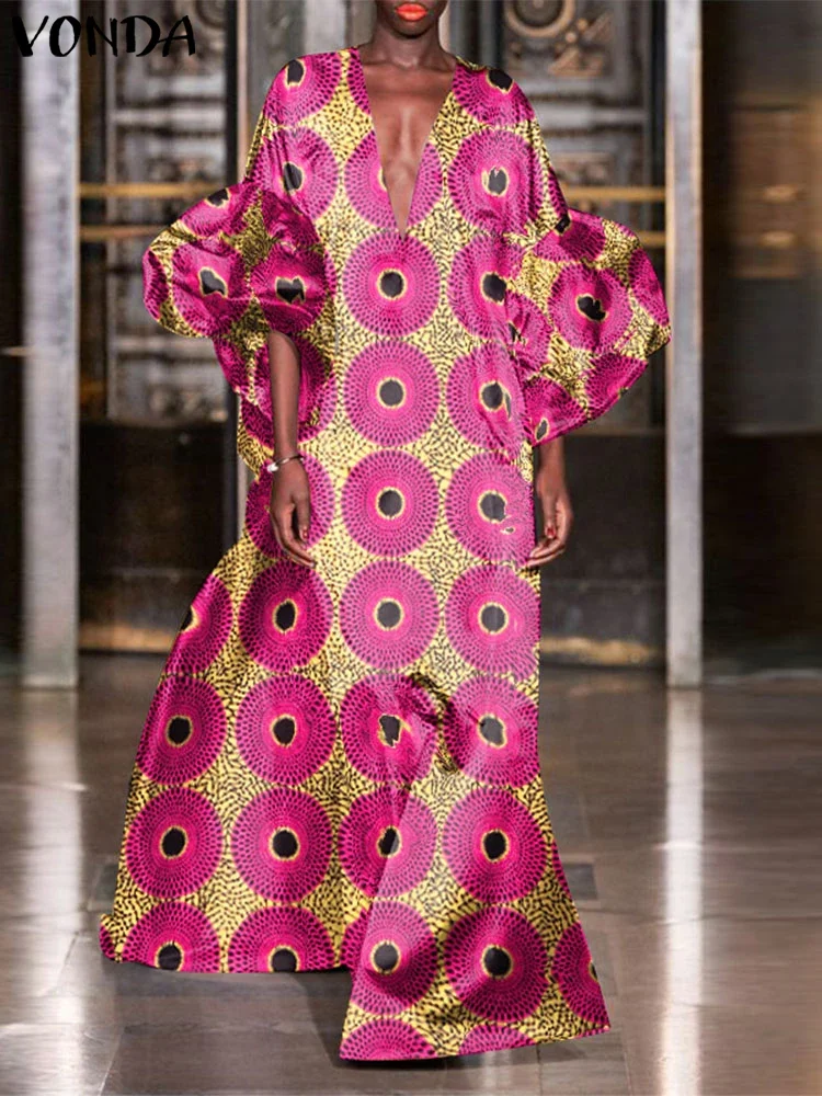 플러스 사이즈 5XL VONDA 여성 보헤미안 맥시 롱 드레스 2025 Eleagnt 프린트 Sundress v 넥 캐주얼 가운 3/4 랜턴 슬리브 베스 티드