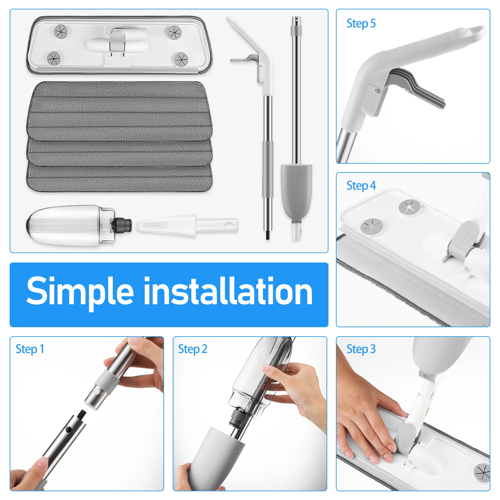 With Replacement Pads Flat For Cleaning Wet Mop Microfiber Spray  Dry Wet Floor Mop Refillable Rotatable Spray Mop