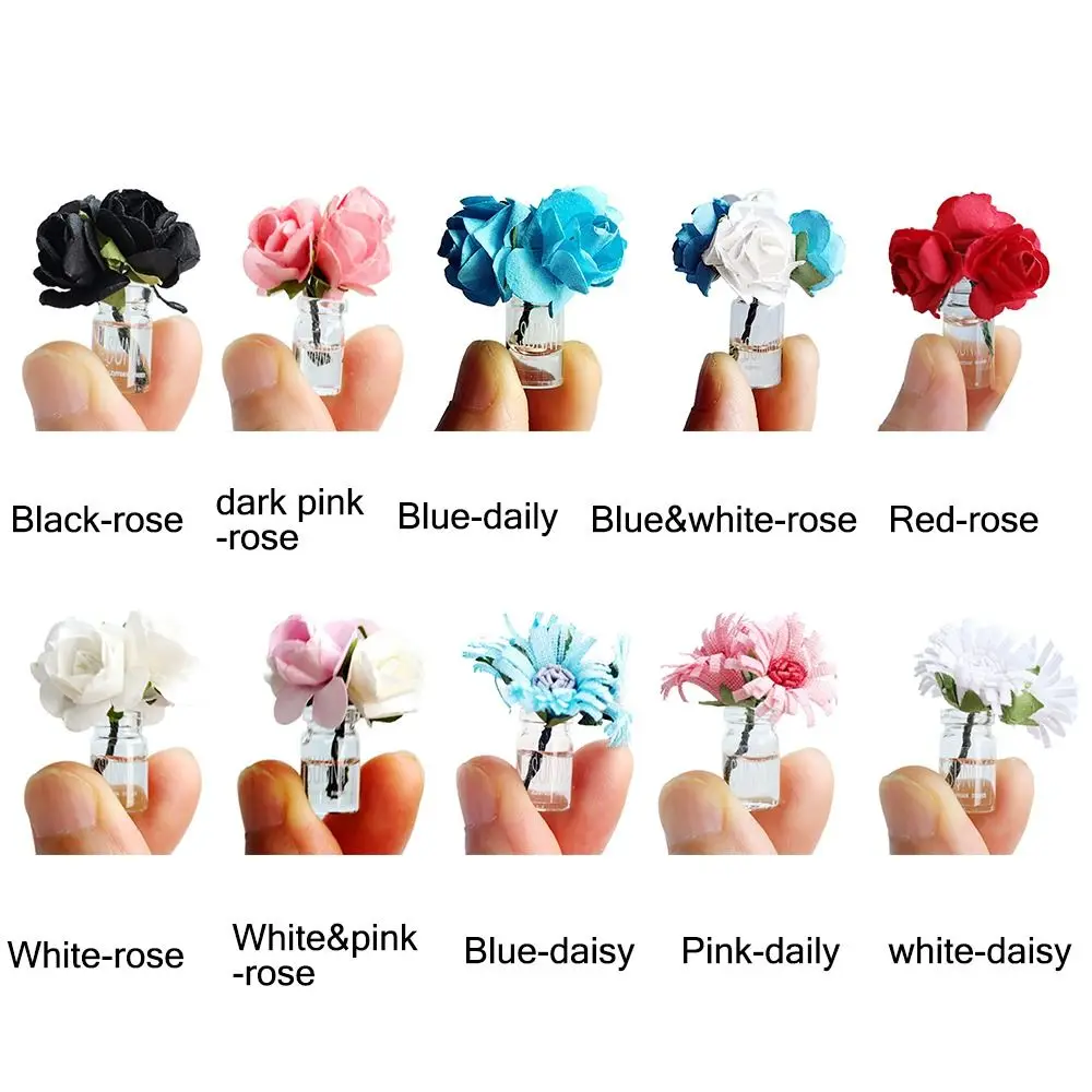 Toy 1/6 1/8 1/12 Dollhouse Flower Vase Multicolor Rose Daisy Miniature Rose Bouquet Ornament Playing House Micro Vase Flower