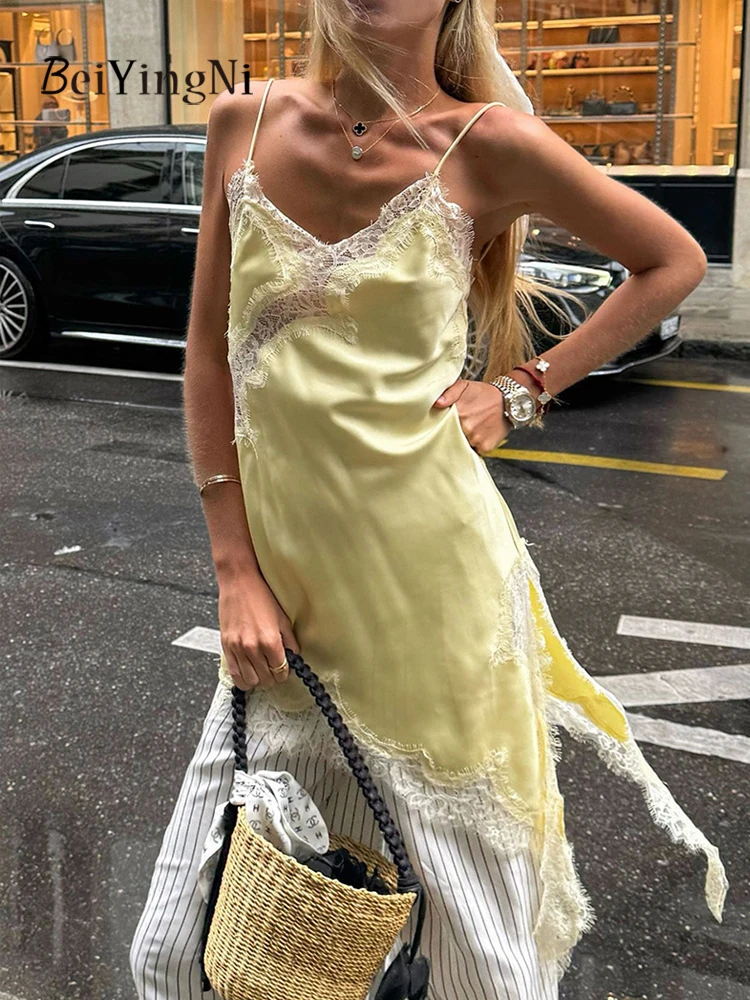 ベイインニ 2025 新ファッション レディース サテンレースドレス スリット入り エレガント カジュアル スパゲッティストラップ セクシーワンピース 女性用 Vネックドレス