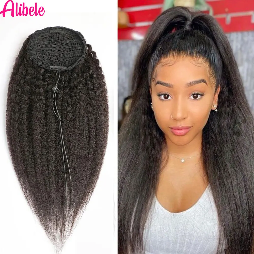 

Kinky Straight Ponytails Clip in Hair Extensions Alibele Hair Human Hair Yaki Straight Drawstring Ponytails For Women 105grams