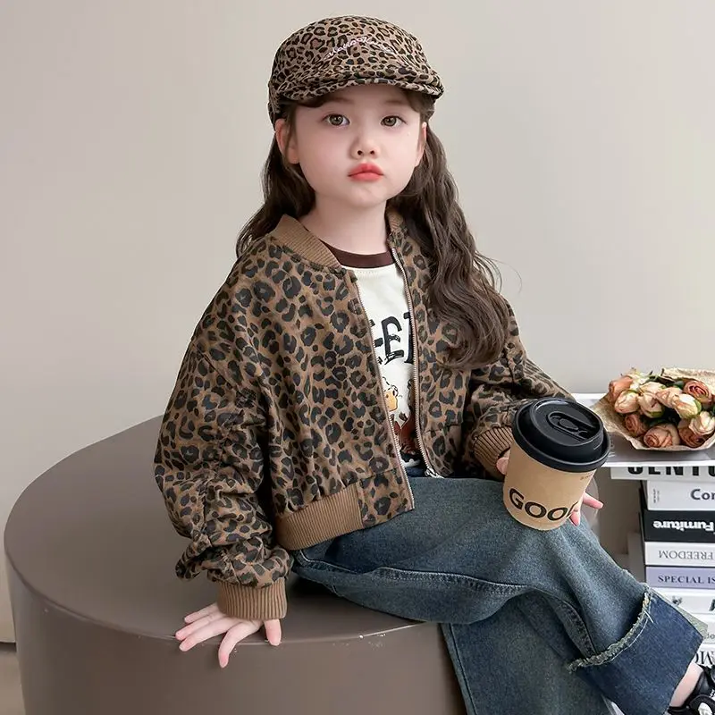 

Girls' Korean leopard print jacket children fashion autumn clothing for baby girls 2025 top baby girl clothes