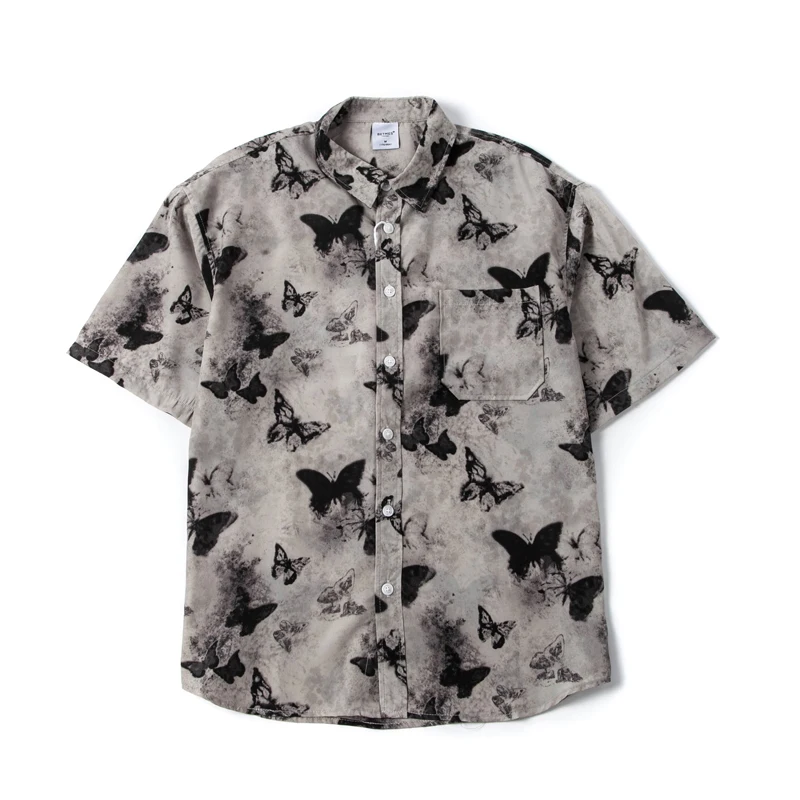 

Drape Ice Silk Cool Half Sleeve Shirt for Men 24ss Y2k Youth Male Summer Thin Butterfly Printed Men's Fashion Loose Casual Tops