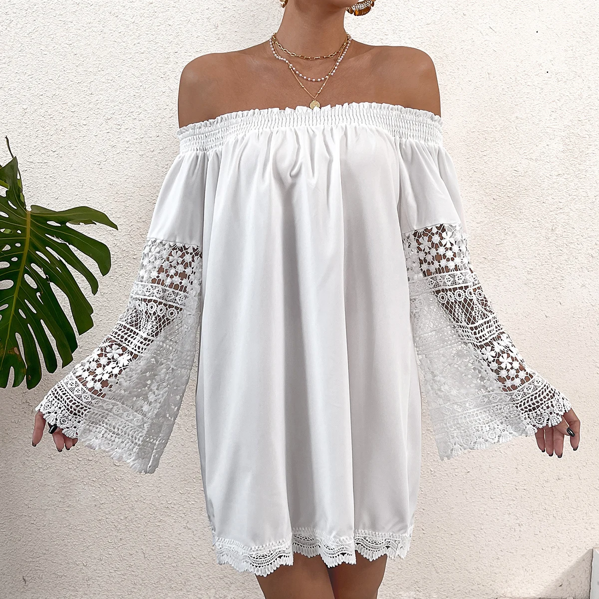 Women's One Shoulder Skirt Mini Short Skirt White Lace Knitted Long sleeved Solid Summer Elegant Ball Dress