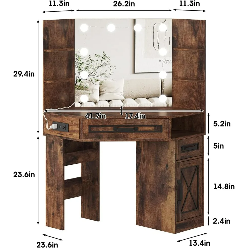 Makeup Vanity Desk, Corner Vanity Desk with Mirror and Lights, Farmhouse Vanity Table with 10 Bulbs&4 Charging Stations, Makeup