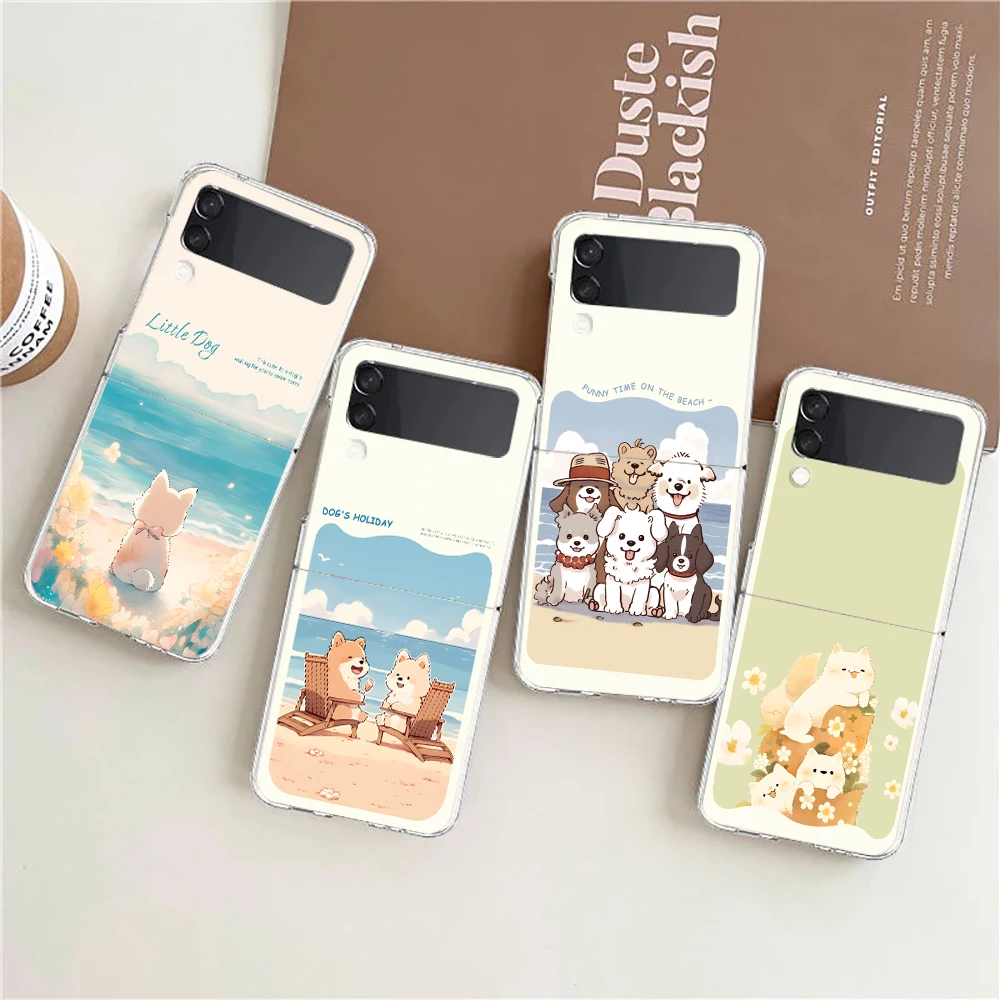 Phone Case For Samsung Galaxy Z Flip 3 4 5 6 7 Fold High Hard PC For Galaxy Z Flip3 Clear Cover Cute Cartoon Dog Seaside Rabbit