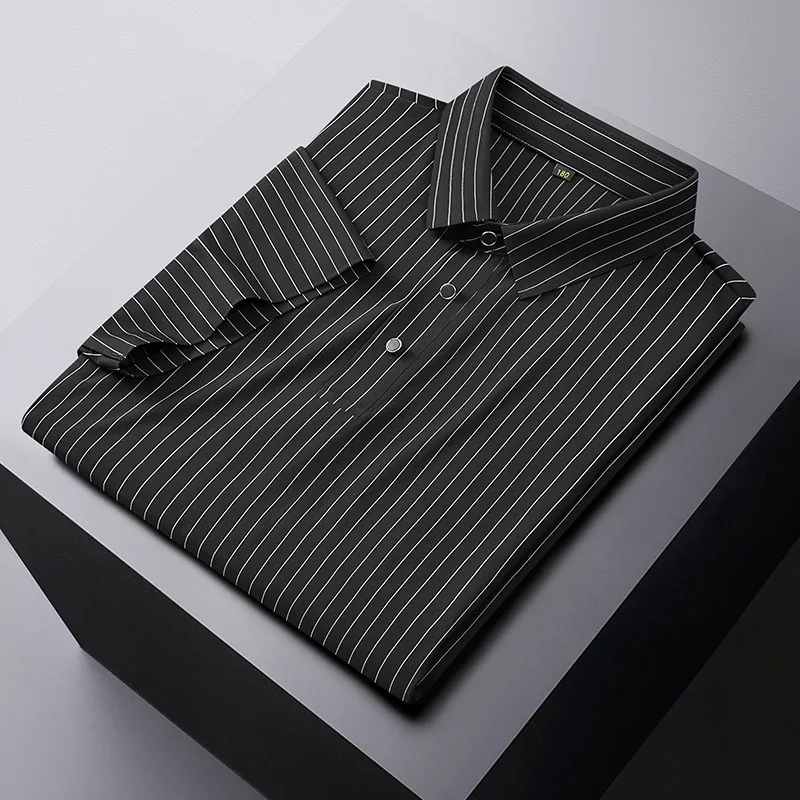 

Summer ice silk seamless stretch short sleeve lapel striped T-shirt men loose casual fat T-shirt men