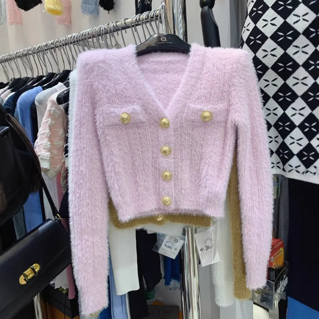 

Женский твидовый норковый бархатный короткий свитер в стиле знаменитостей с v-образным вырезом, мягкая восковая вязаная верхняя одежда с длинными рукавами на осень-зиму, маленькая