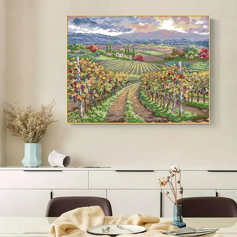 Joy Sunday Vineyard Landscape Print Cross Stitch Kit DIY Hand Embroidery Kit 14CT 11CT Count Canvas Fabric Sewing Set Home Decor