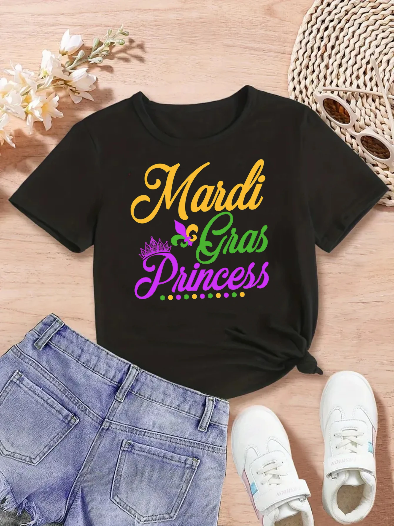 

Mardi Gras Gift T-ShirT Mardi Gras Princess Crown Letter Printed T Shirt Girls Kawaii Kids Clothes Summer Short Sleeve T-Shirt