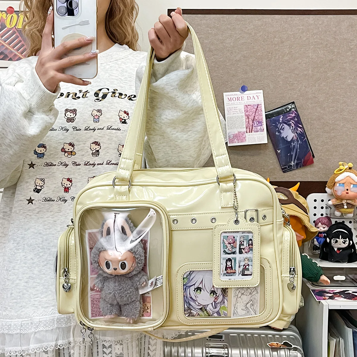 

Ita Bag for Women Large Capacity Transparent Pocket Shoulder Crossbody Handbag PU Leather Cute Anime Kawaii Beige Daily Casual