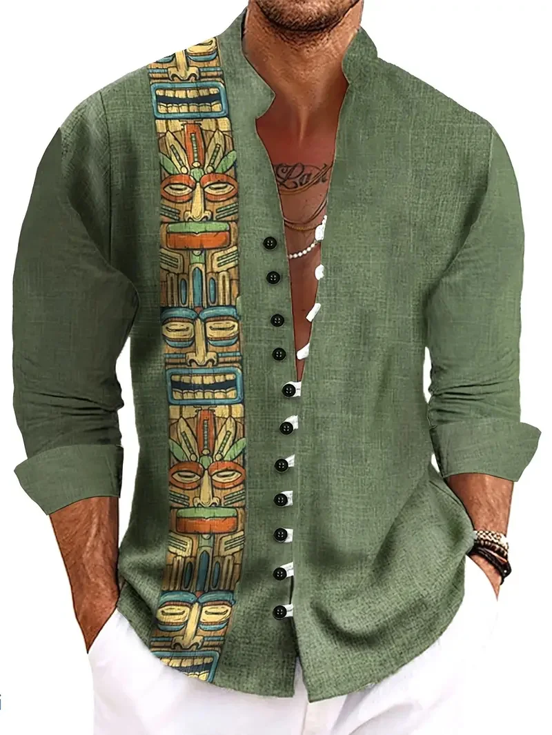 New Men's Long Sleeve Shirt Cross Border Summer 3D Flower Print Vintage Flap Collar Long Sleeve Button Top