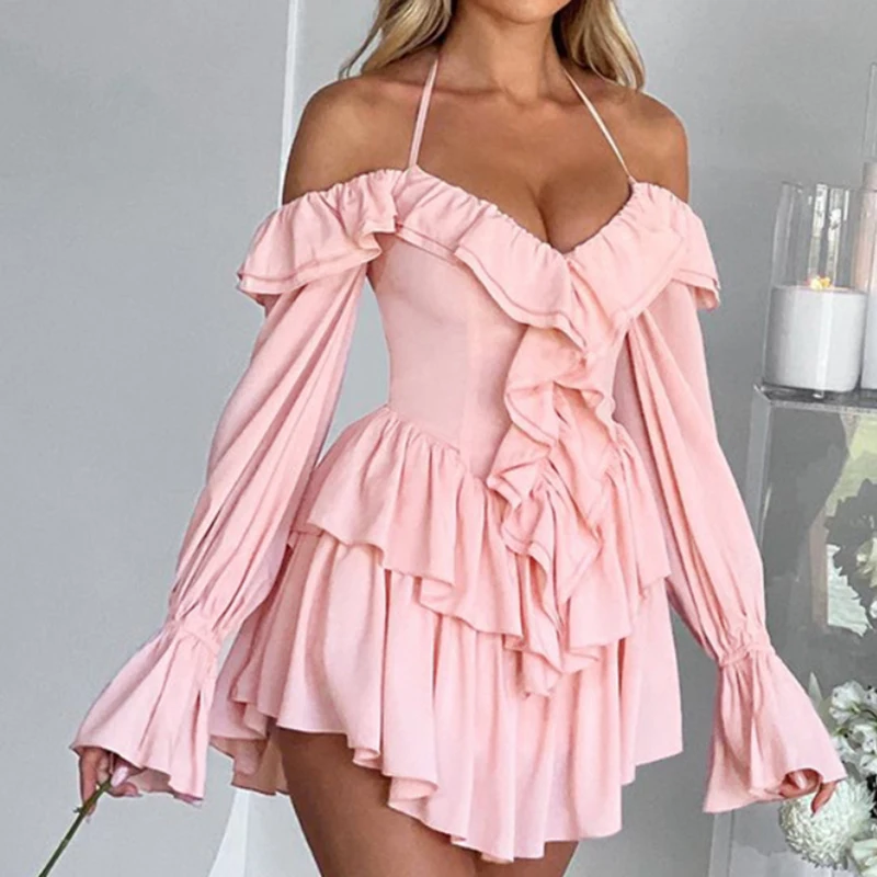 High Street Waist One Shoulder Dress Women Sweet Lotus Edge Princess Mini Dress Elegant Sexy Short Sleeve Tube Tops Club Dresses