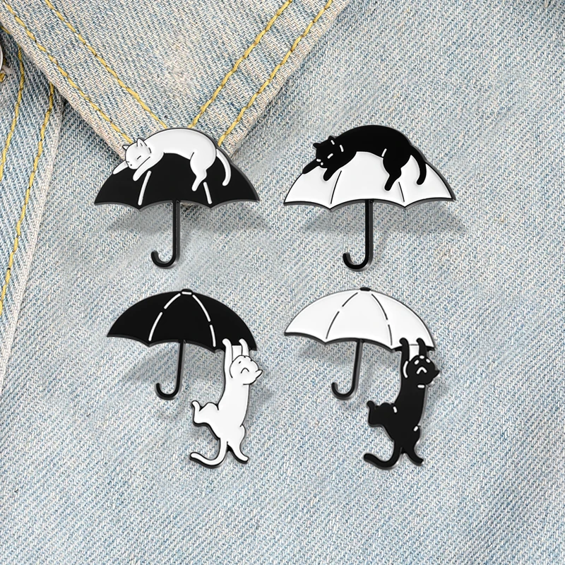 Black Umbrella Cat Enamel Pins Custom Cute White Cats Brooches Lapel Badges Cartoon Animal Jewelry Gift for Kids Friends