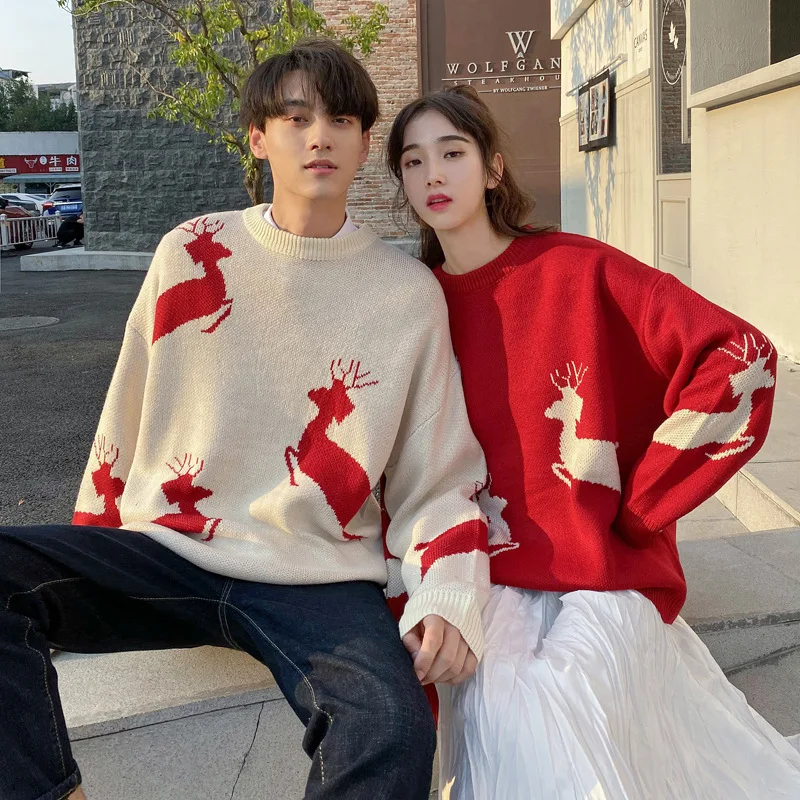 

Cisas Couple Sweaters Red Trendy Design Knitted Long Sve round Ne Casual Wear Deer Pattern Winter New Year's Faion
