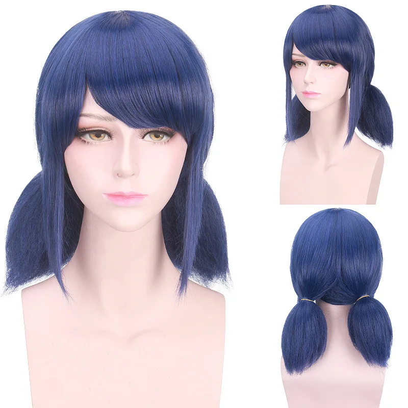 Wig Synthetic Hair Marinette Cosplay Wig Dark Blue Double Ponytails Straight Halloween Heat Resistant Women Wigs