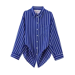 TRAF Autumn New Product Women's Fashion Casual Loose Blue Striped Bat Sleeve Collar Long Sleeve Shirt