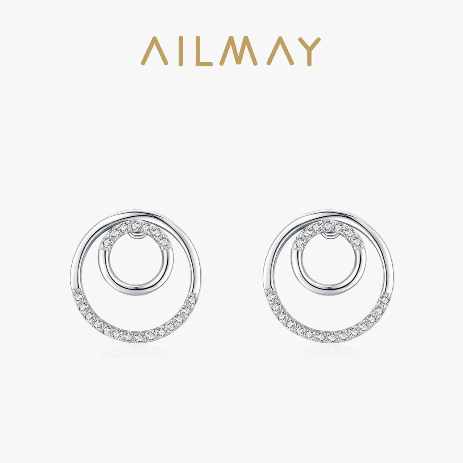 Ailmay Genuine 925 Sterling Silver Fashion Charm Dazzling Clear CZ Circle Stud Earrings For Women Wedding Statement Jewelry