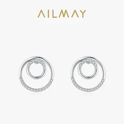 Ailmay Genuine 925 Sterling Silver Fashion Charm Dazzling Clear CZ Circle Stud Earrings For Women Wedding Statement Jewelry