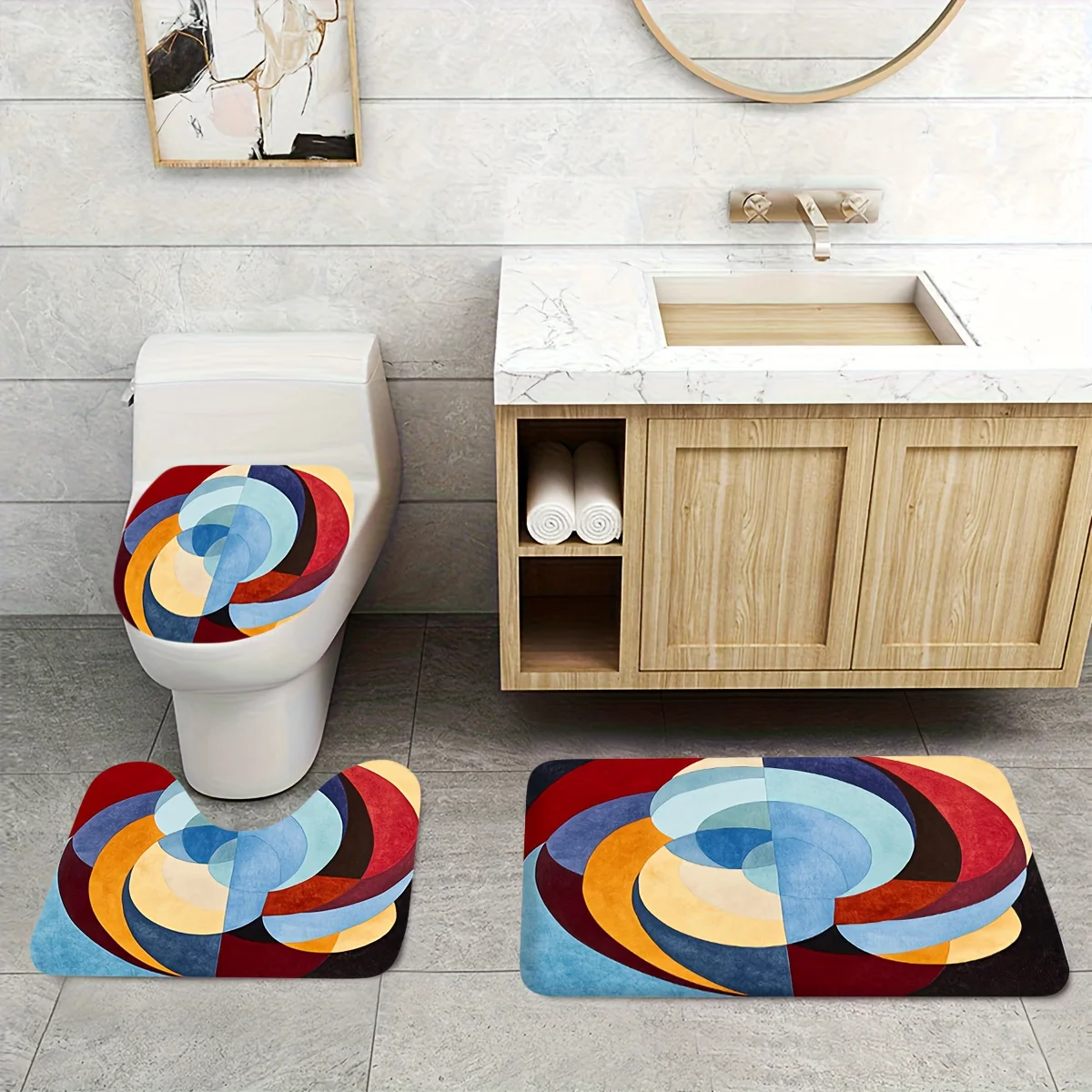 

3pcs Modern Abstract Bath Rug Set - Non-Slip Soft Flannel-like with Deep Red BlueBeige BurgundyBlackWhite Gray Golden Teal