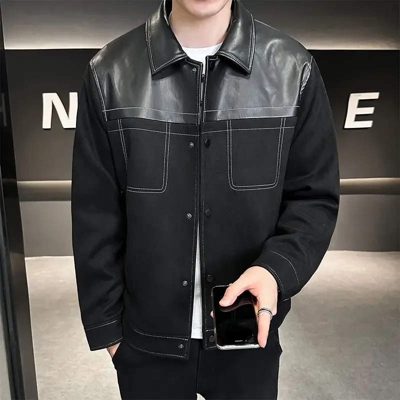 

Korean Style Slim Fit Lapel Casual Versatile Outerwear High-Grade Men Suede Jacket Male Fashion Stitching PU Leather Coat