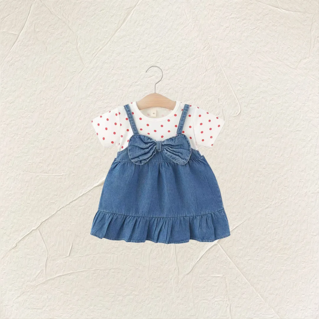 Girls' Summer Dress 2026 New Princess Style Polka Dot Fake Two-piece Denim Skirt, Stylish Princess Dress