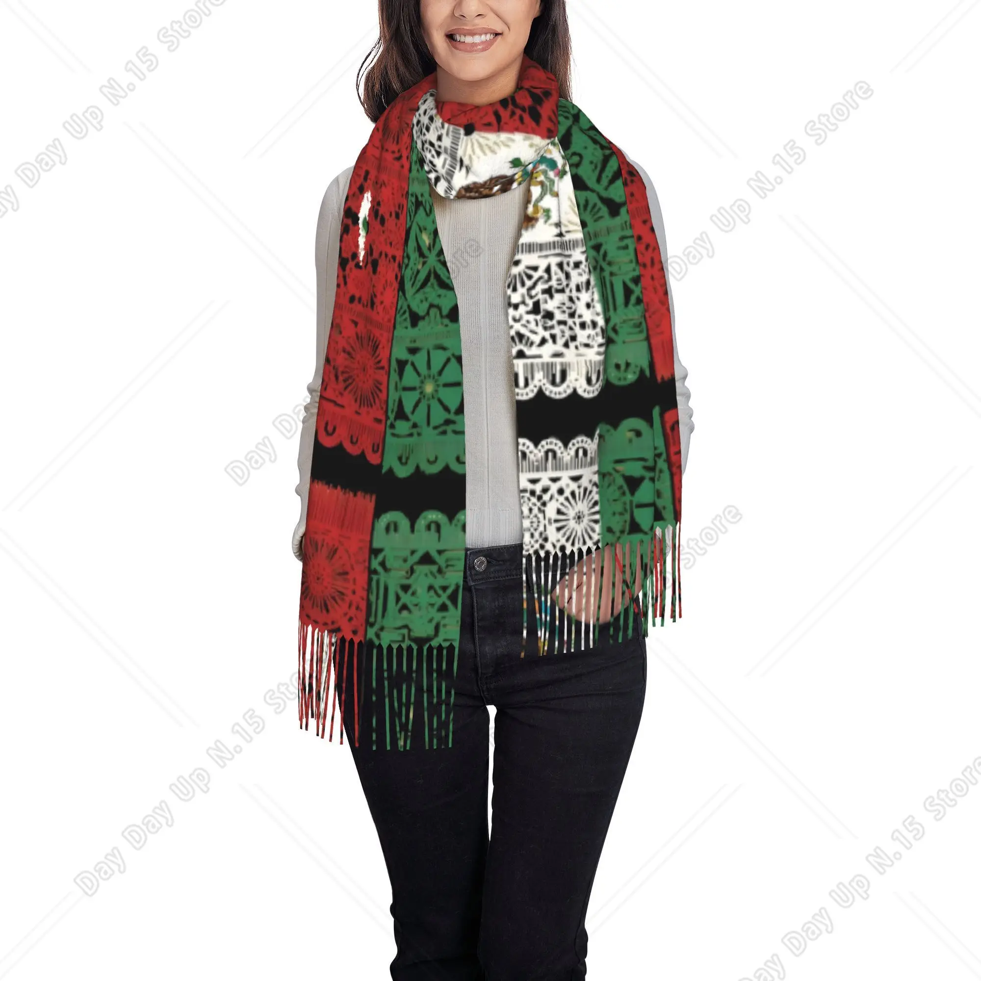 Mexico Flag Papel Picado Lace Print Tassel Scarf, Mexican Traditional Folk Art Warm Shawl Wrap